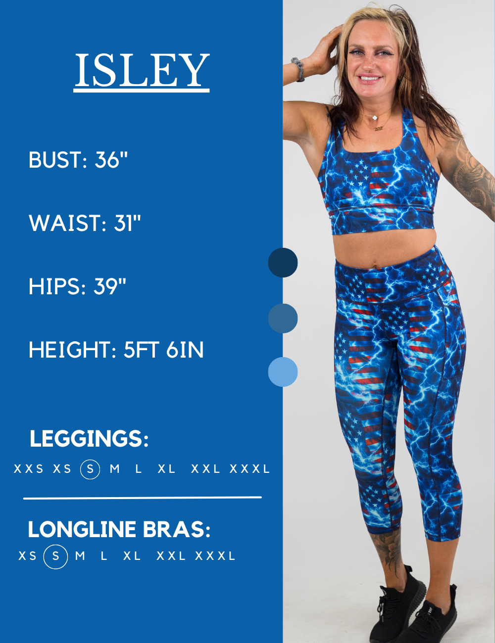 Model’s measurements of 36” bust, 31” waist, 39” hips and height of 5 ft 6 inches. She is wearing a size small in our leggings