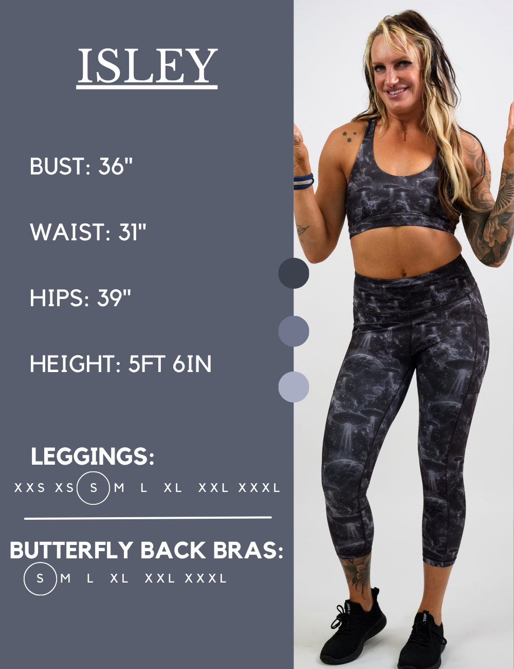 Model’s measurements of 36” bust, 31” waist, 39” hips and height of 5 ft 6 inches. She is wearing a size small in our leggings