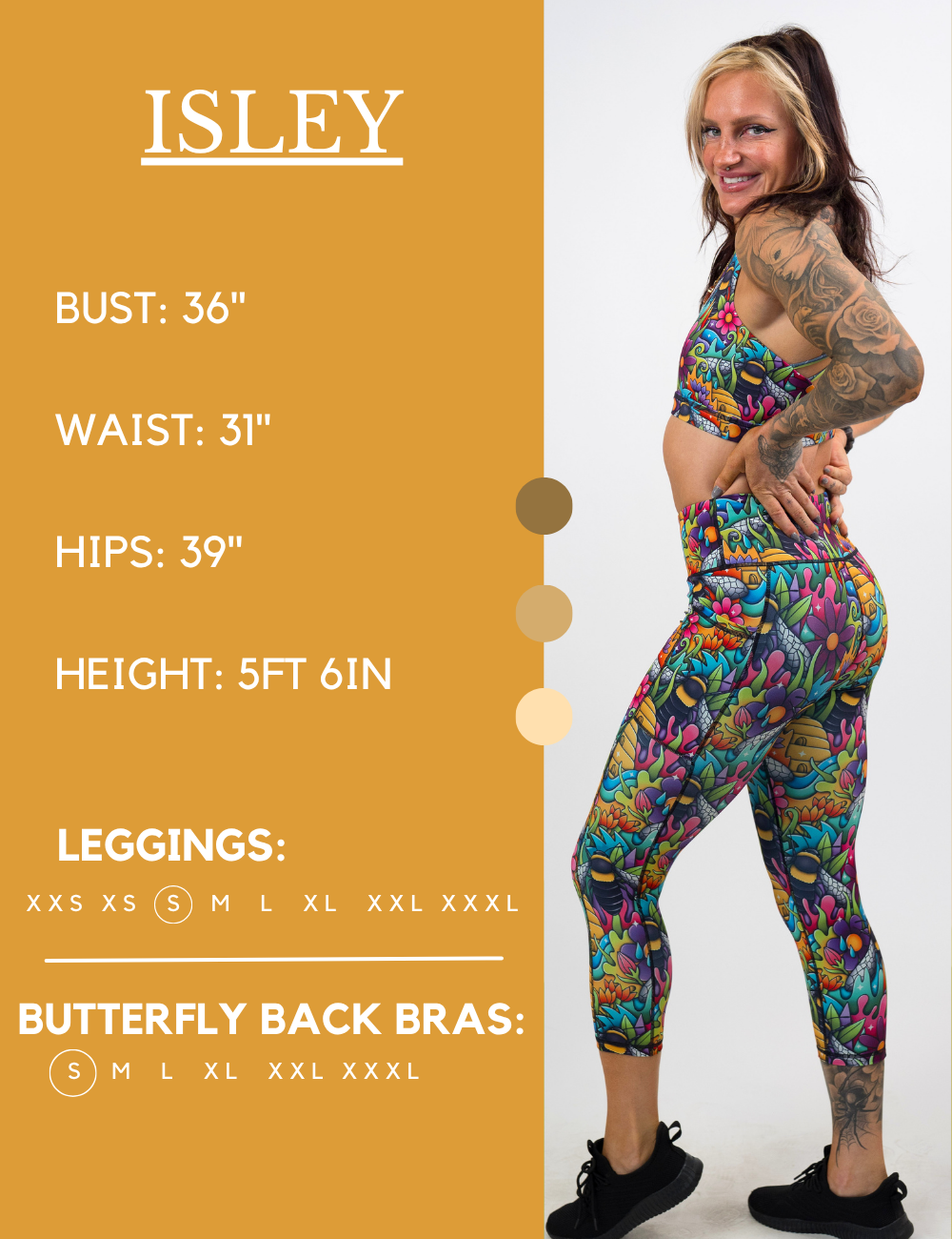 Model’s measurements of 35” bust, 31” waist, 39” hips and height of 5 ft 6 inches. She is wearing a size small in our leggings