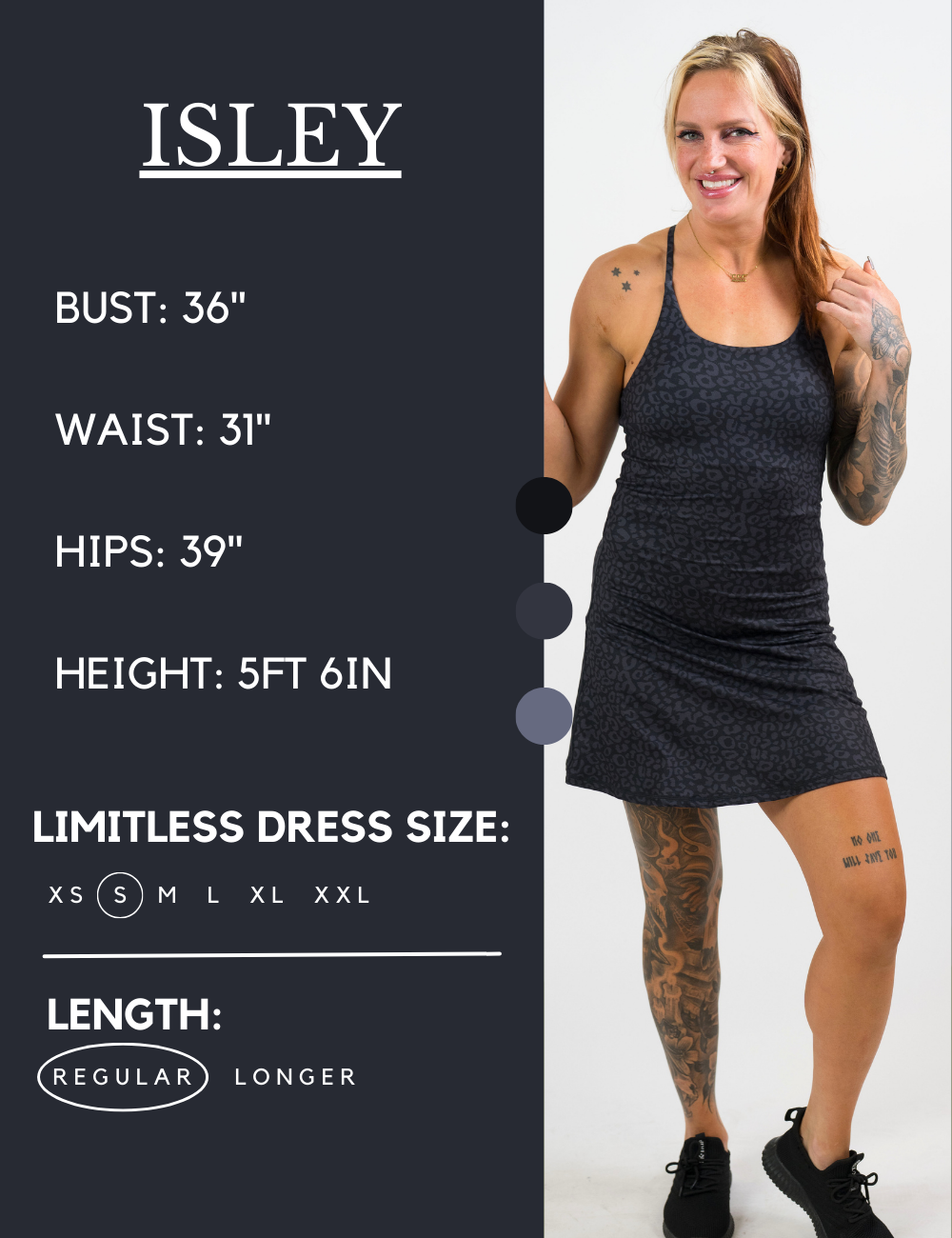 Model’s measurements of 36” bust, 31” waist, 39” hips and height of 5 ft 6 inches. She is wearing a size small in our regular length limitless dress size
