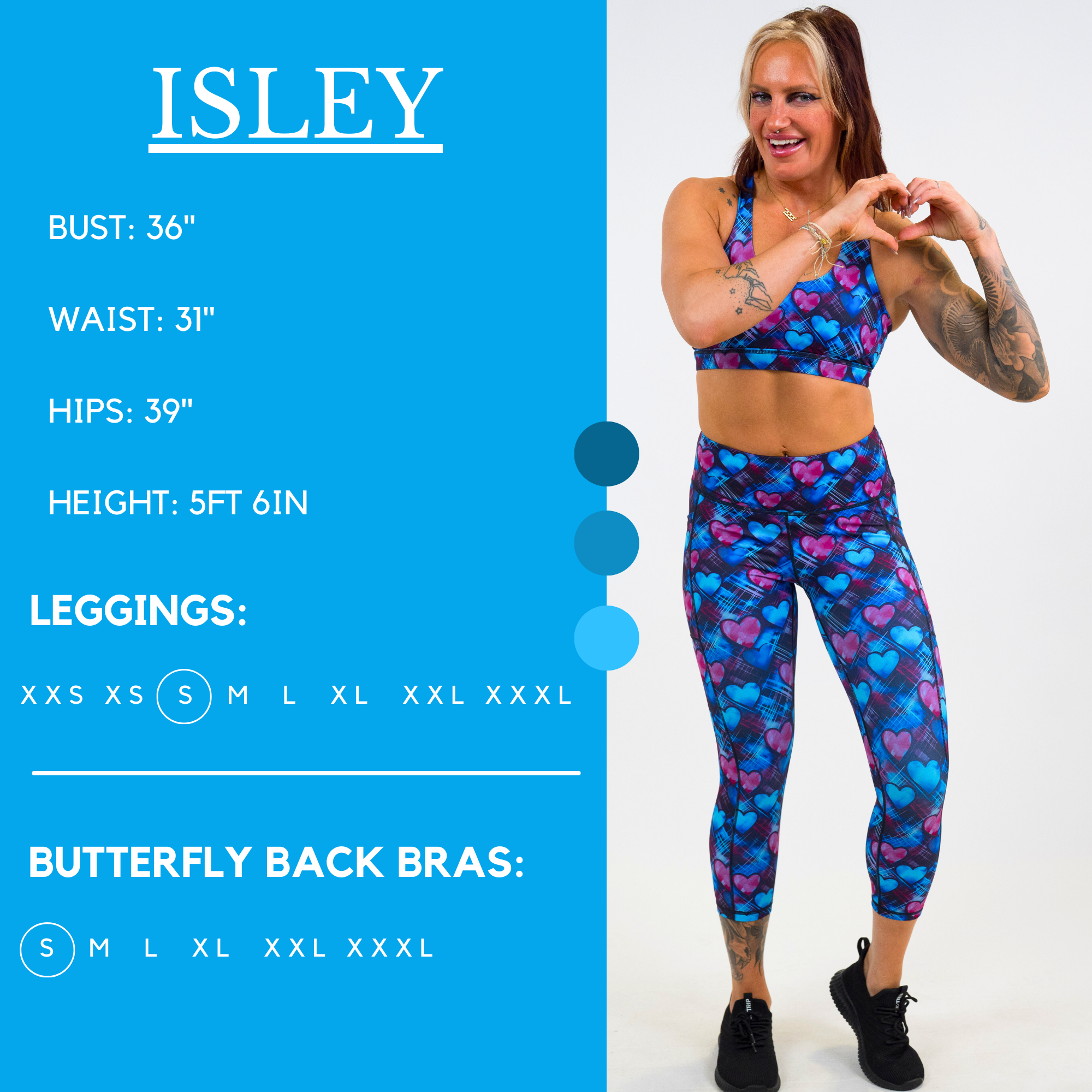 Model’s measurements of 36” bust, 31” waist, 39” hips and height of 5 ft 6 inches. She is wearing a size small in our leggings