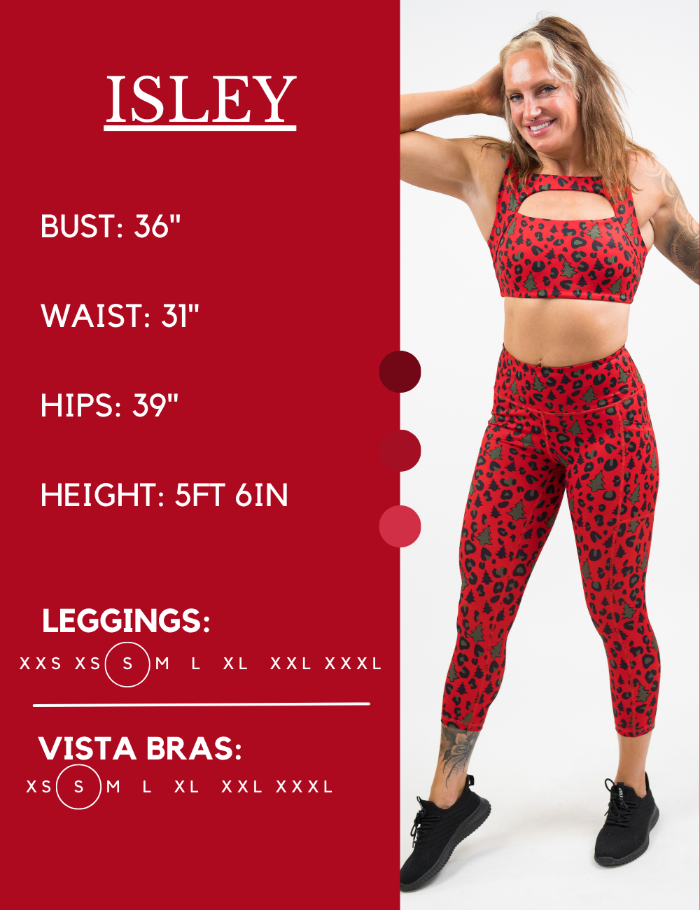 Model’s measurements of 36” bust, 31” waist, 39” hips and height of 5 ft 6 inches. She is wearing a size small in our leggings