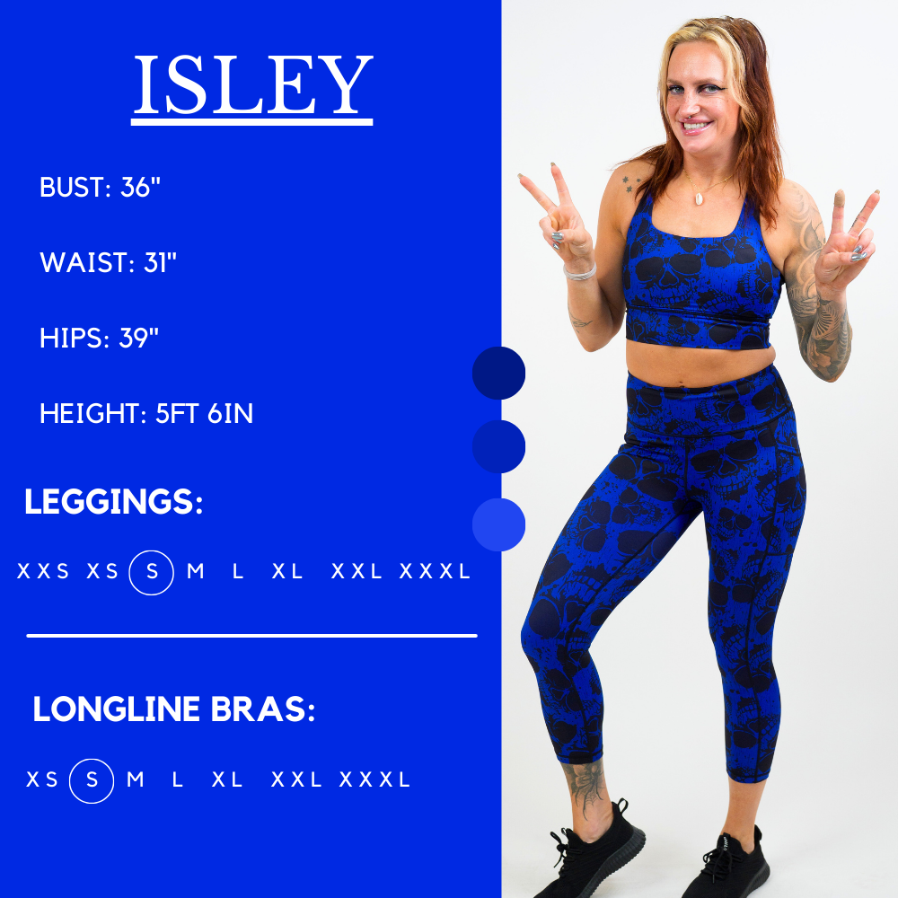 Model’s measurements of 36” bust, 31” waist, 39” hips and height of 5 ft 6 inches. She is wearing a size small in our leggings