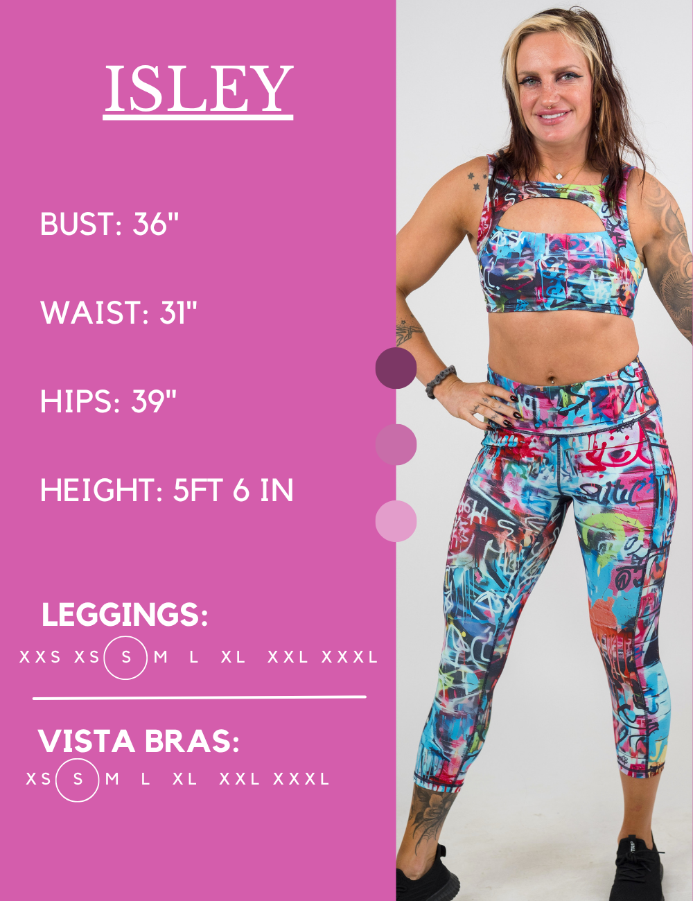 Model’s measurements of 36” bust, 31” waist, 39” hips and height of 5ft 6 inches. She is wearing a size small in our leggings