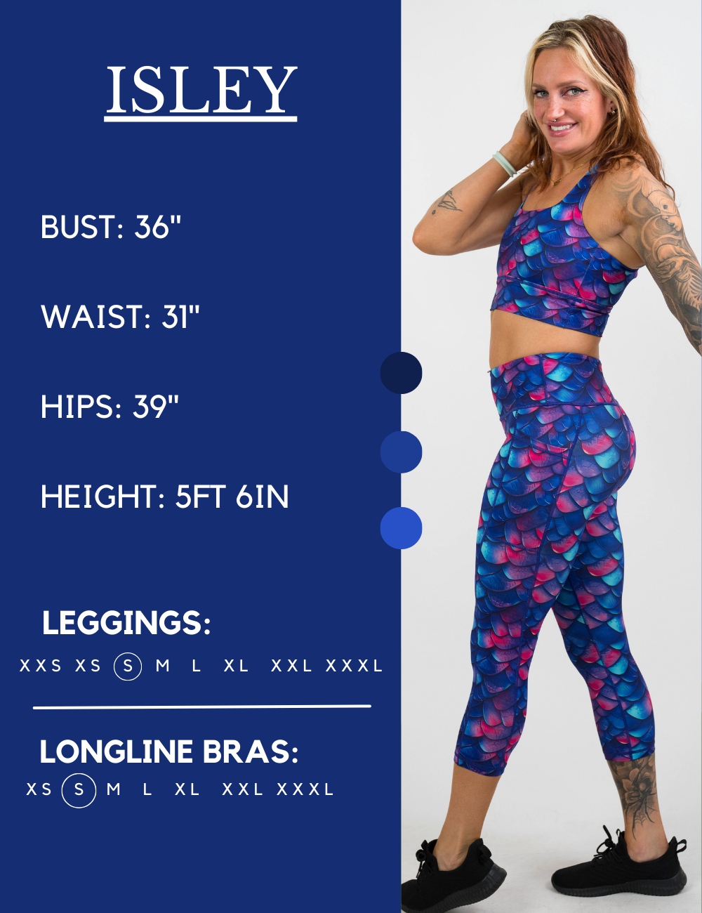 Model’s measurements of 36” bust, 31” waist, 39” hips and height of 5 ft 6 inches. She is wearing a size small in our leggings