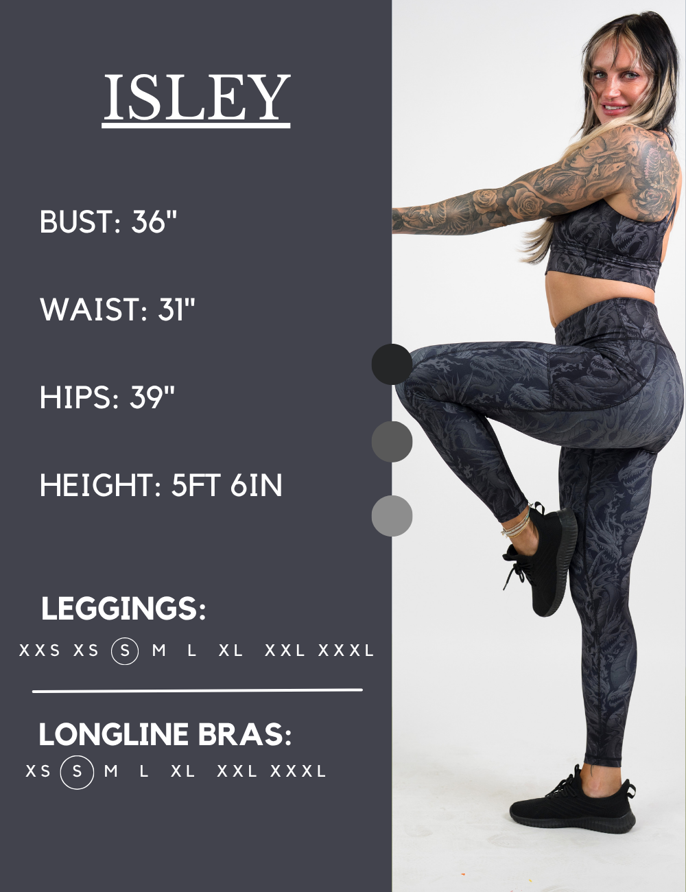 Model’s measurements of 36” bust, 31” waist, 39” hips and height of 5 ft 6. She is wearing a size small in our leggings