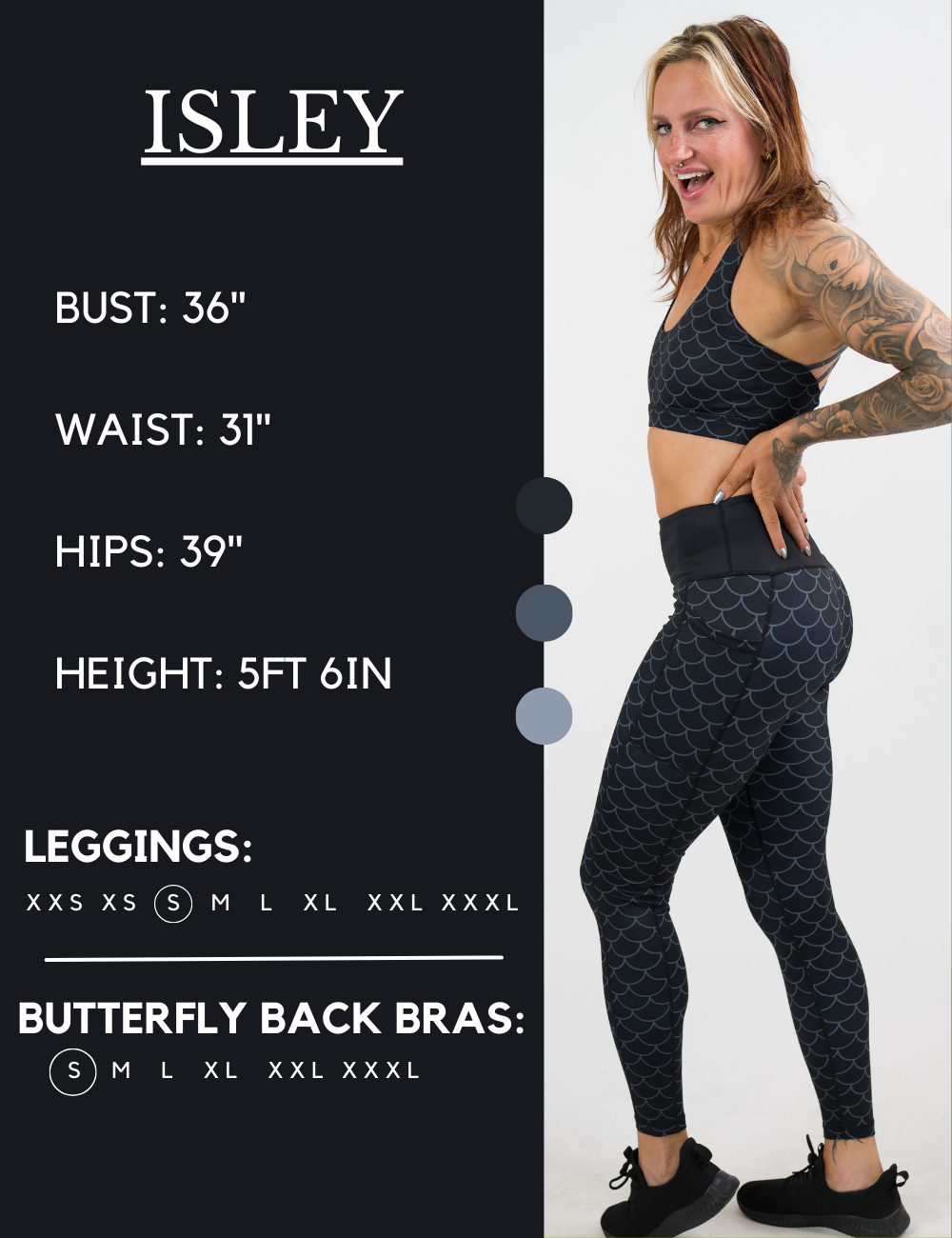 Model’s measurements of 36” bust, 31” waist, 39” hips and height of 5 ft 6 inches. She is wearing a size small in our leggings