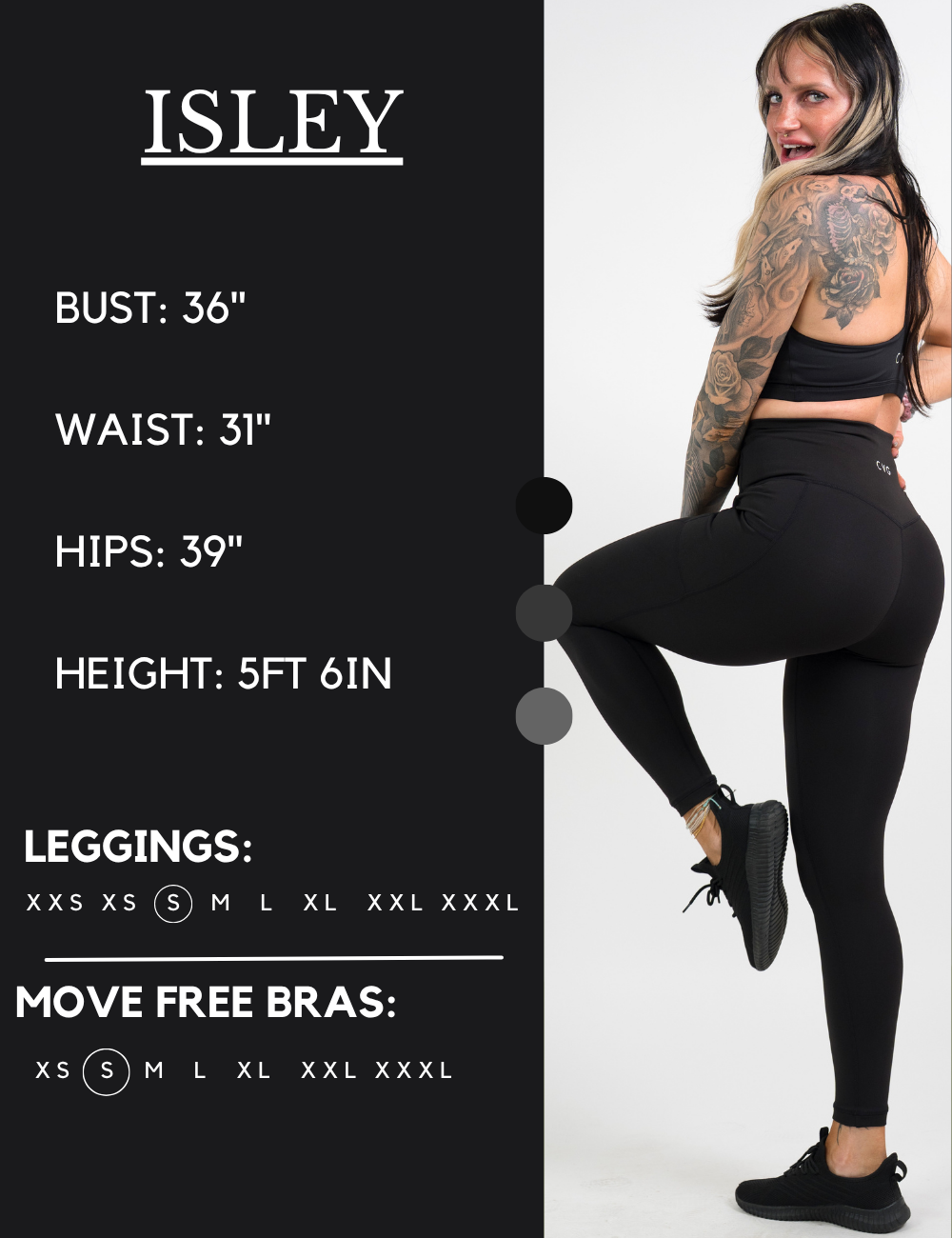 Model’s measurements of 36” bust, 31” waist, 39” hips and height of 5 ft 6. She is wearing a size small in our leggings