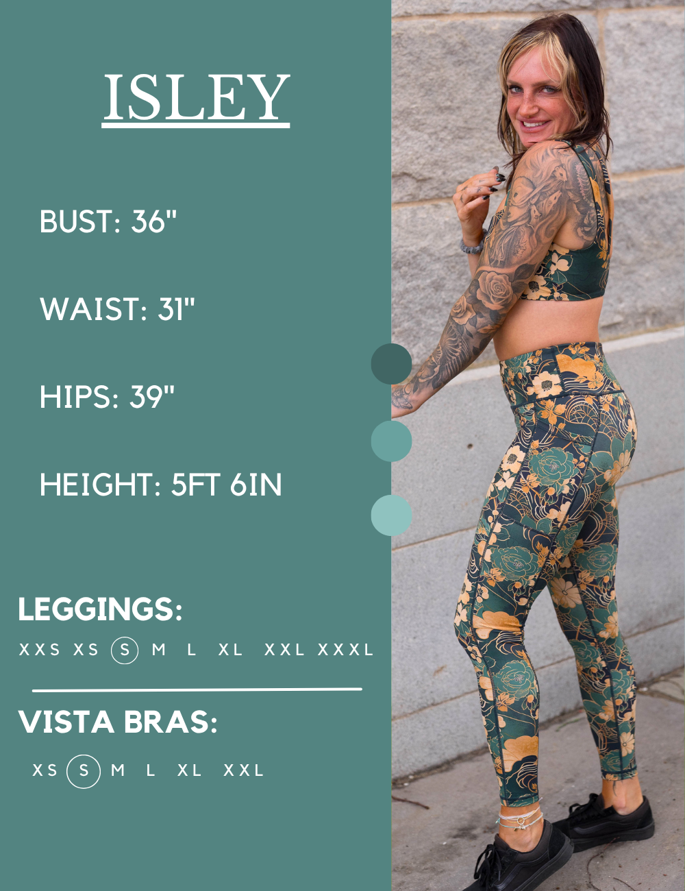 Model’s measurements of 36” bust, 31” waist, 39” hips and height of 5 ft 6 inches. She is wearing a size small in our leggings