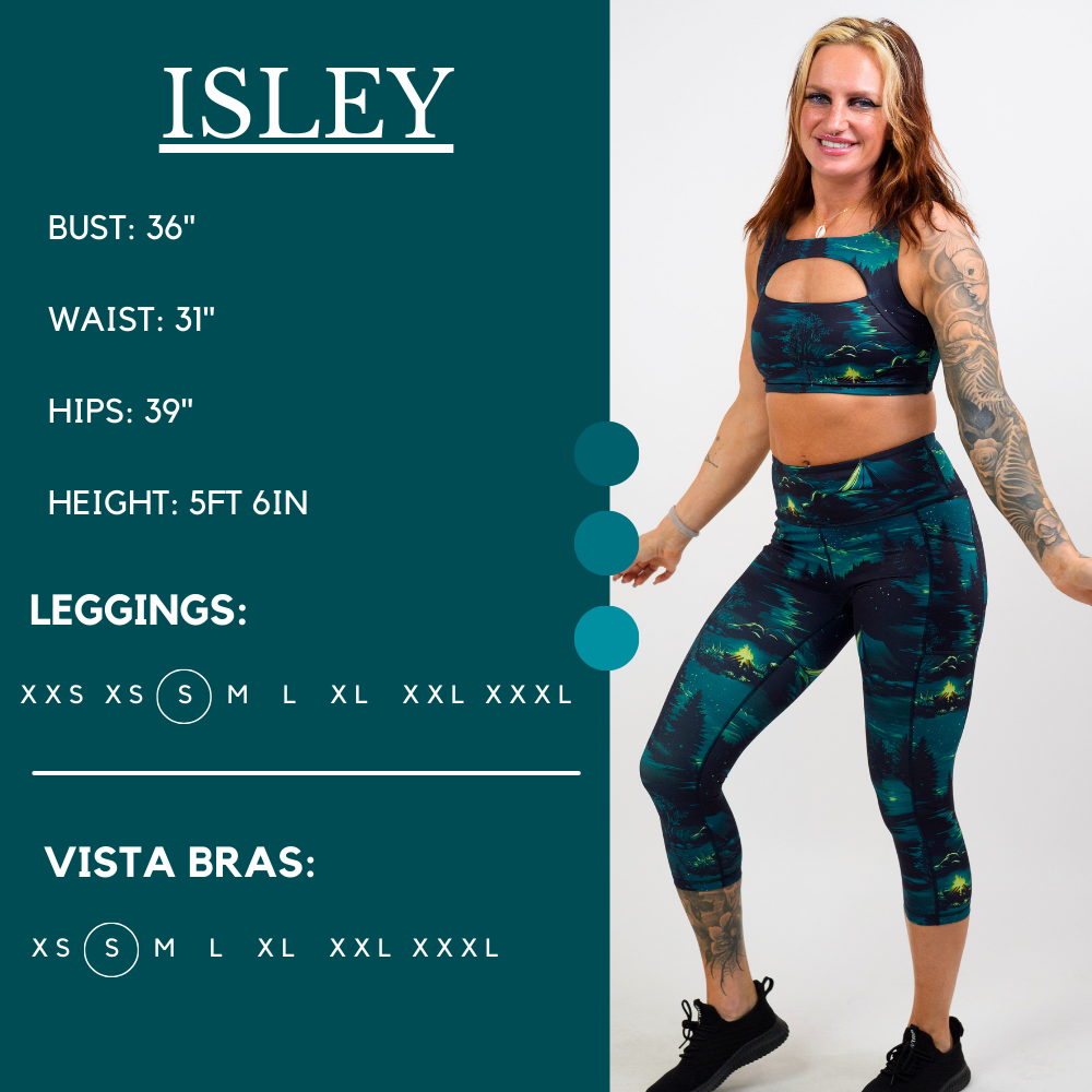 Model’s measurements of 36” bust, 31” waist, 39” hips and height of 5 ft 6 inches. She is wearing a size small in our leggings