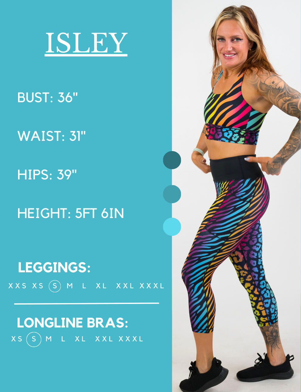 Model’s measurements of 36” bust, 31” waist, 39” hips and height of 5 ft 6 inches. She is wearing a size small in our leggings