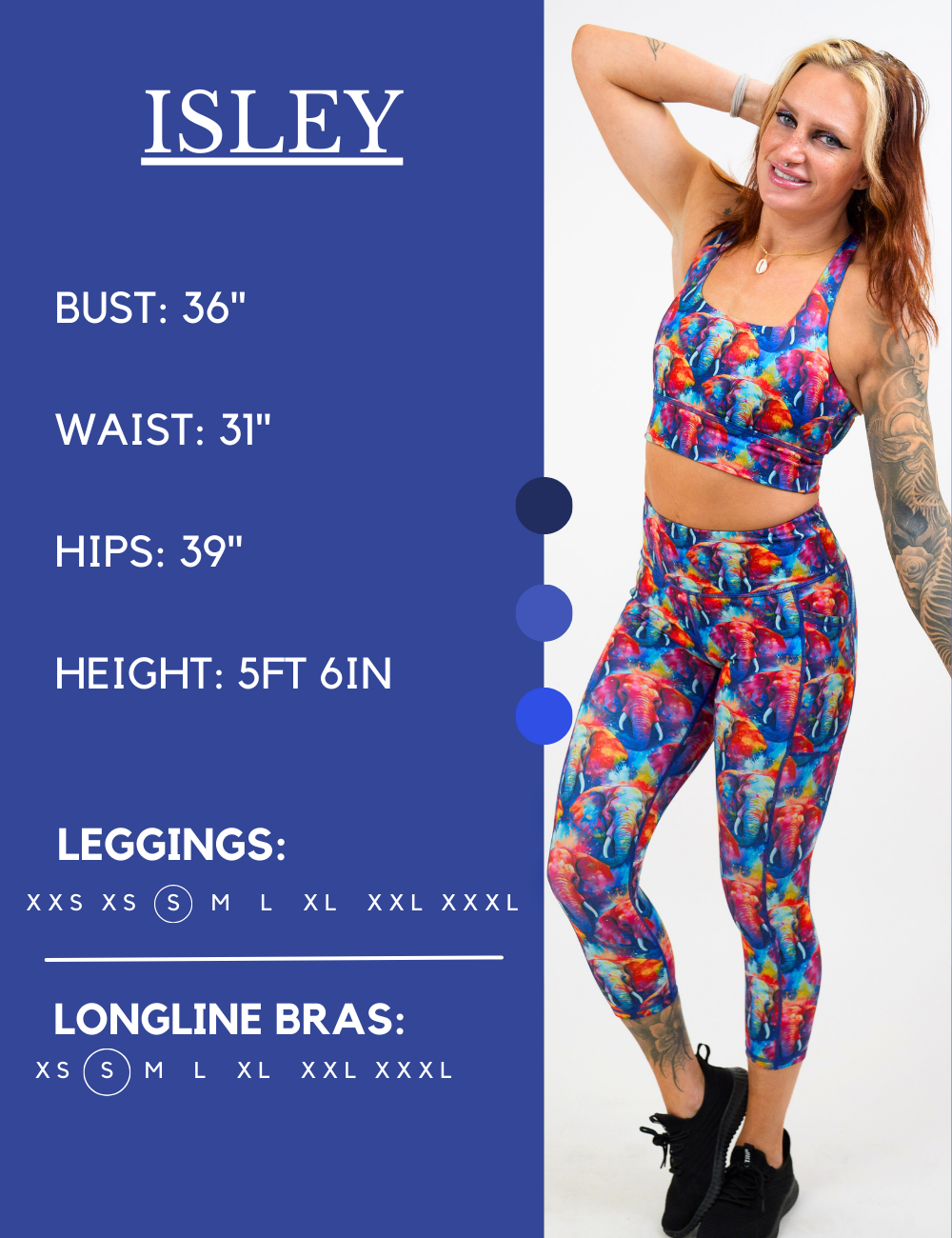 Model’s measurements of 36” bust, 31” waist, 39” hips and height of 5 ft 6 inches. She is wearing a size small in our leggings