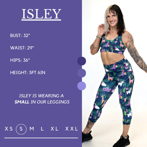 Model's measurements of 32 inch bust, 29 inch waist, 36 inch hips, and height of 5 foot 6 inches. She is wearing a size small in these leggings.
