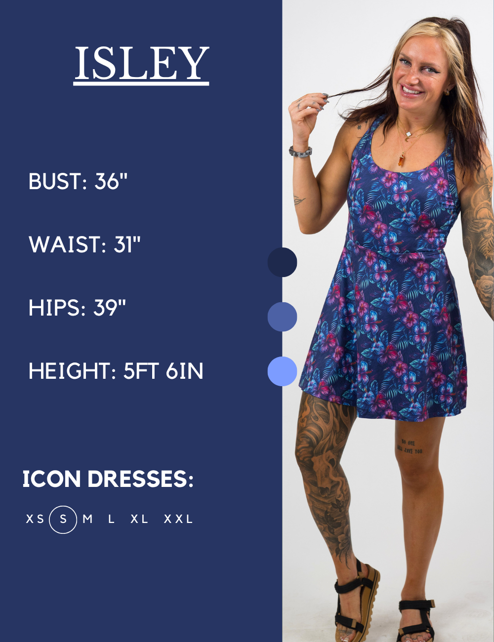 Model’s measurements of 36” bust, 31” waist, 39” hips and height of 5 ft 6 inches. She is wearing a size small in our icon dress