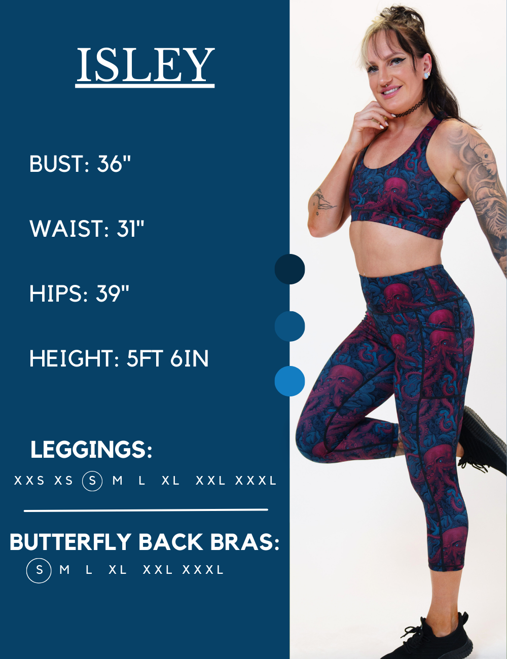 Model’s measurements of 36” bust, 31” waist, 39” hips and height of 5 ft 6 inches. She is wearing a size small in our leggings