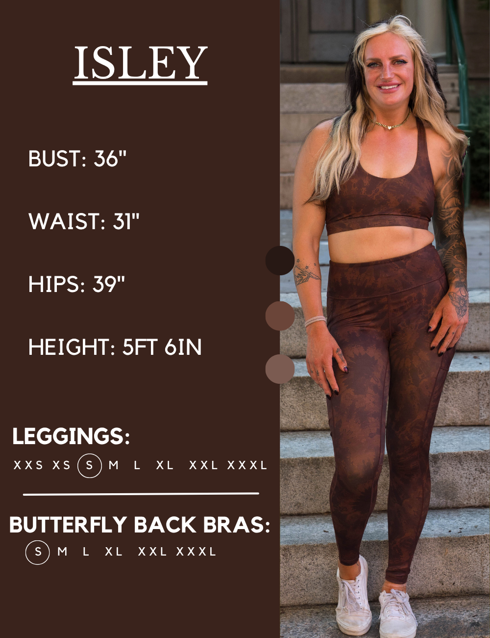 Model’s measurements of 36” bust, 31” waist, 39” hips and height of 5 ft 6 inches. She is wearing a size small in our leggings