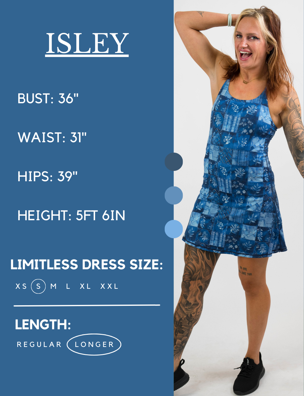 Model’s measurements of 36” bust, 31” waist, 39” hips and height of 5 ft 6 inches. She is wearing a size small in our longer length limitless dress