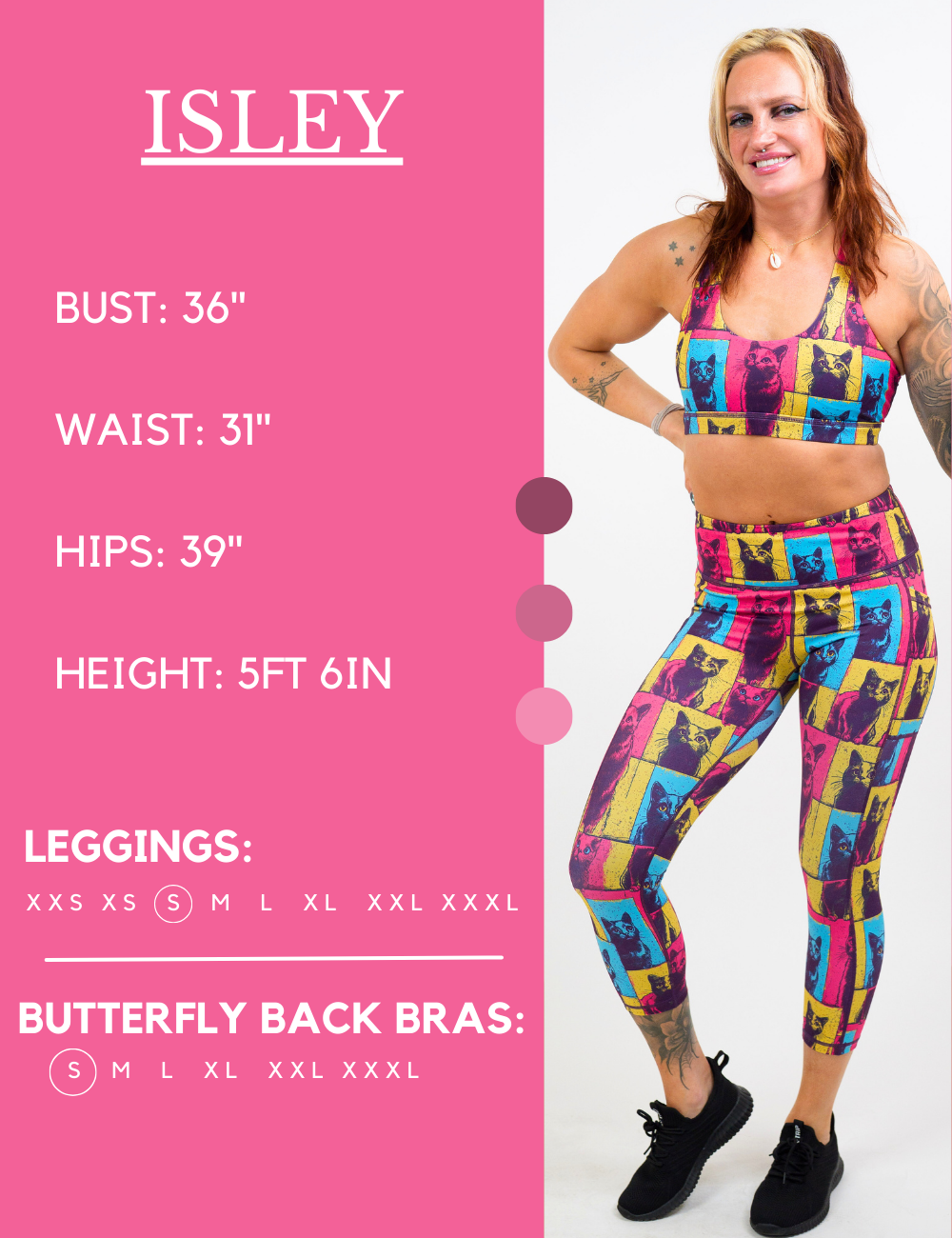 Model’s measurements of 36” bust, 31” waist, 39” hips and height of 5 ft 6 inches. She is wearing a size small in our leggings