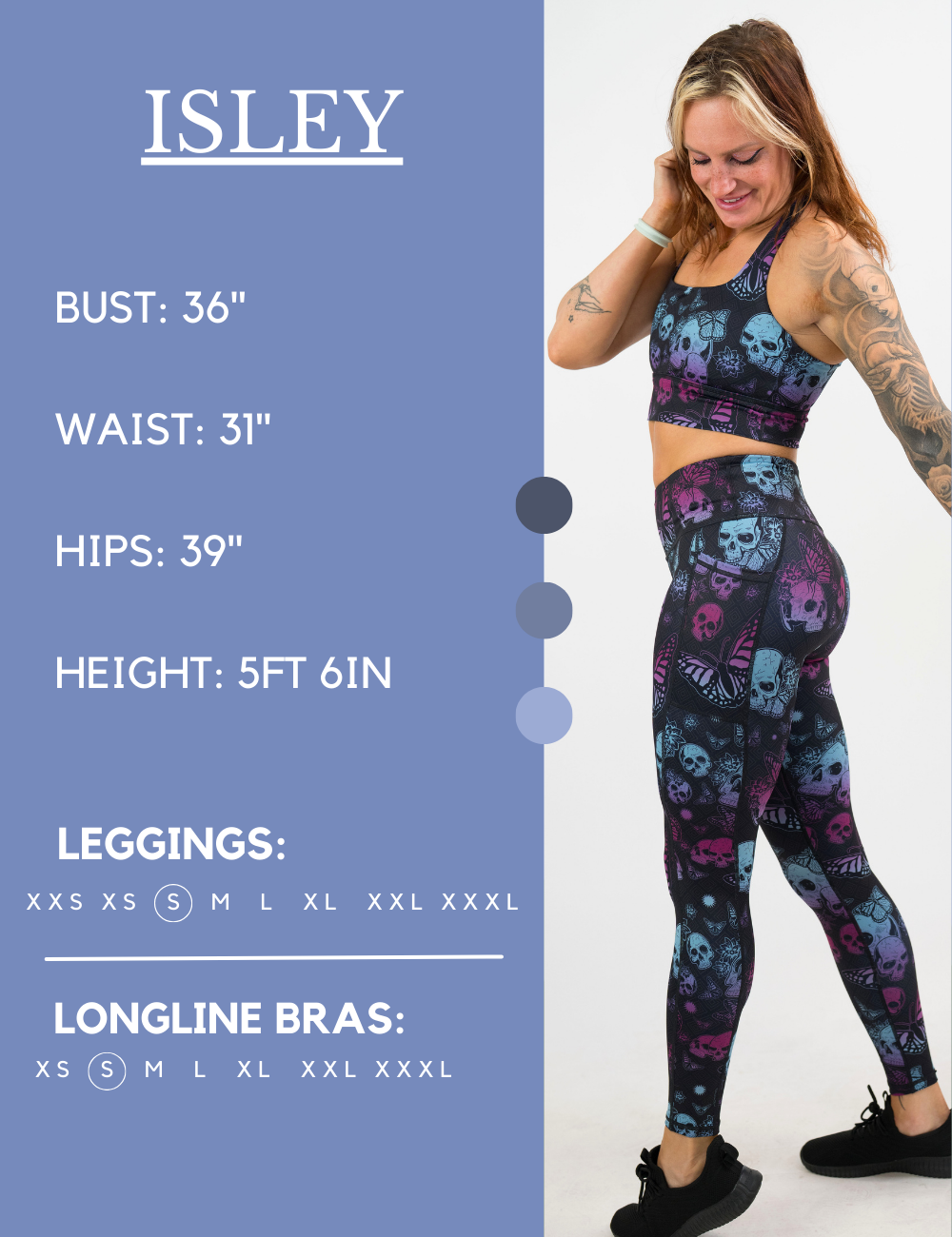 Model’s measurements of 36” bust, 31” waist, 39” hips and height of 5 ft 6 inches. She is wearing a size small in our leggings