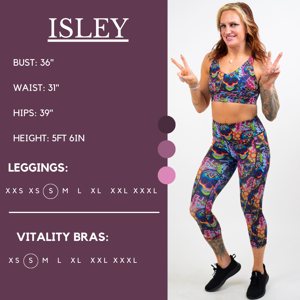 Model’s measurements of 36” bust, 31” waist, 39” hips and height of 5 ft 6 inches. She is wearing a size small in our leggings