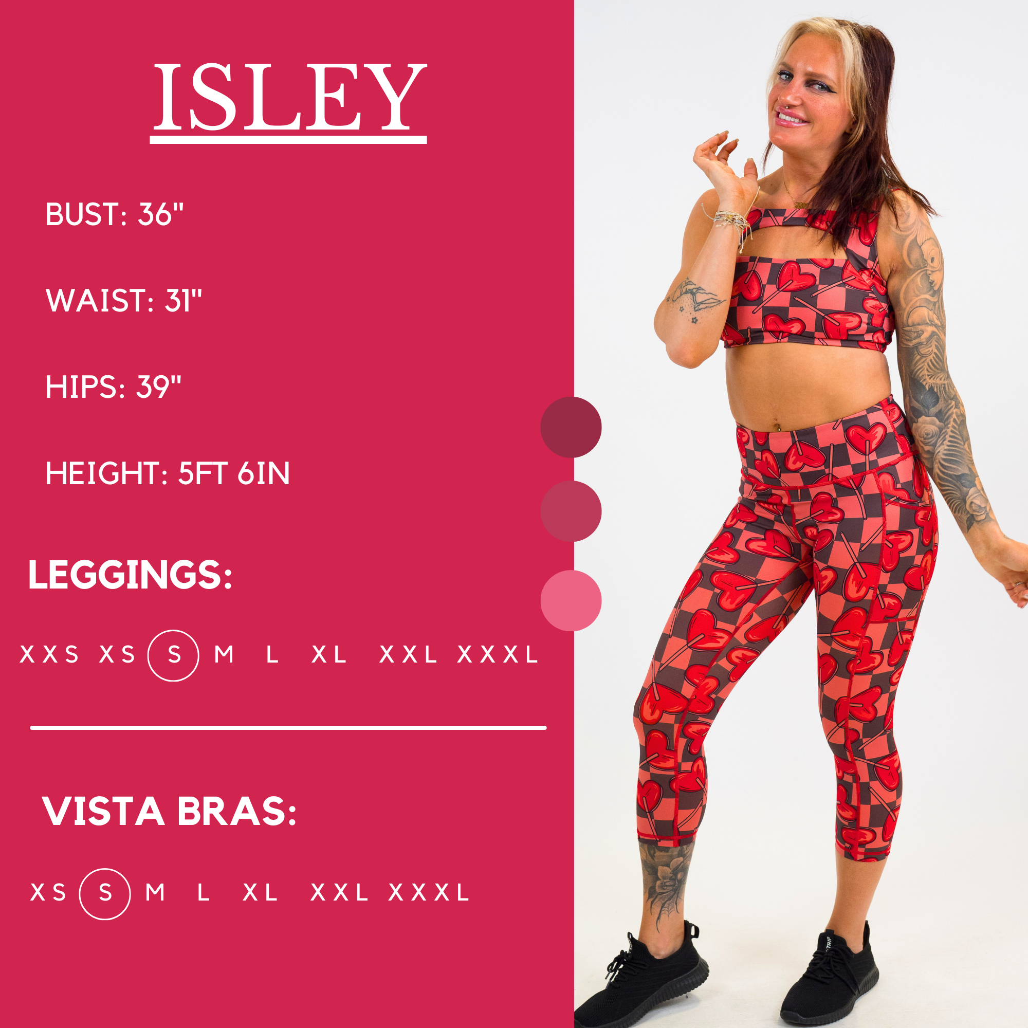 Model’s measurements of 36” bust, 31” waist, 39” hips and height of 5 ft 6 inches. She is wearing a size small in our leggings