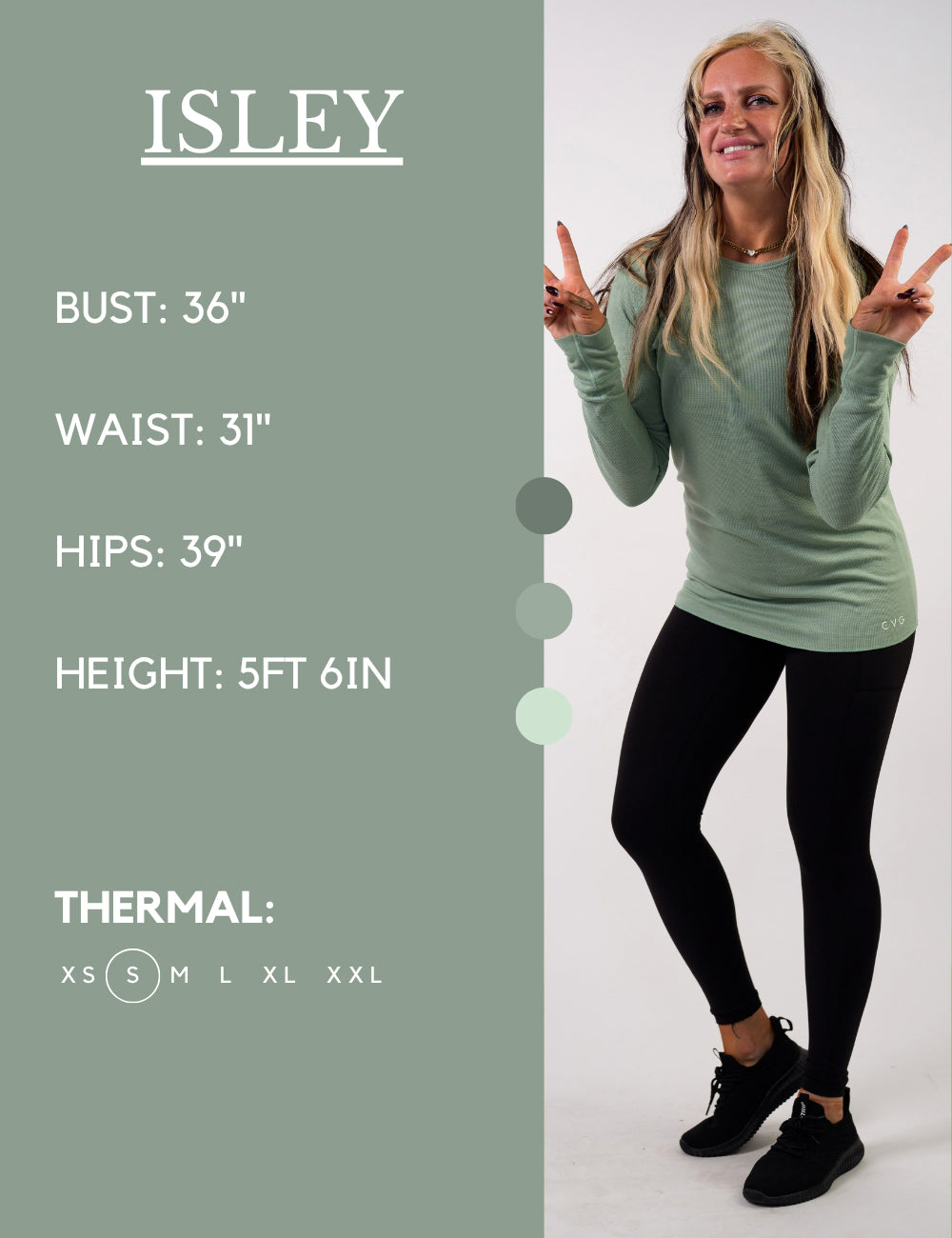 Model’s measurements of 36” bust, 31” waist, 39” hips and height of 5 ft 6 inches. She is wearing a size small in our thermals