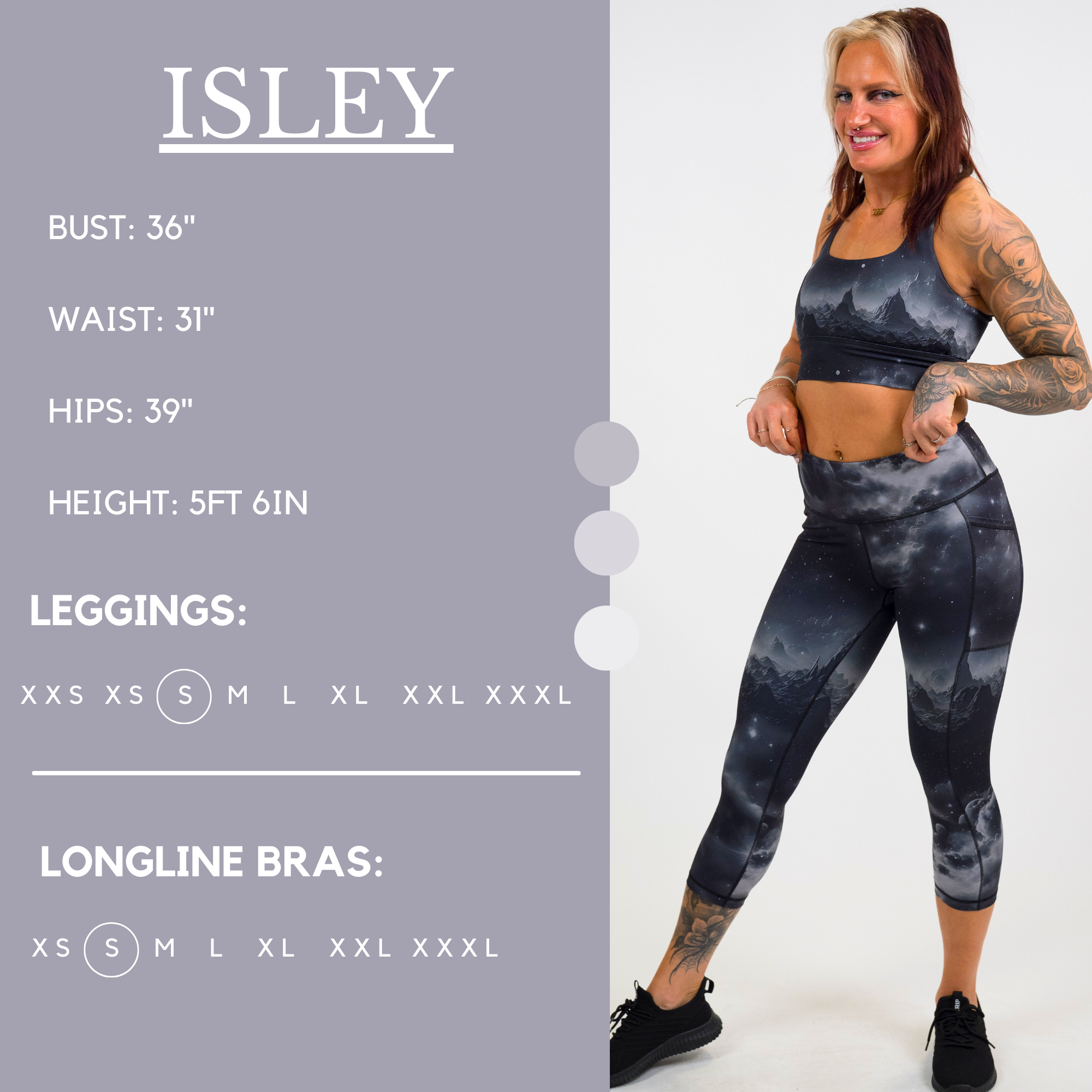 Model’s measurements of 36” bust, 31” waist, 39” hips and height of 5 feet 6 inches. She is wearing a size small in our leggings