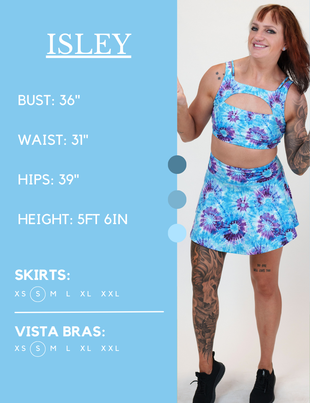 Model’s measurements of 36” bust, 31” waist, 39” hips and height of 5 ft 6 inches. She is wearing a size small in the skirt