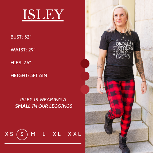 Model's measurements of 32 inch bust, 29 inch waist, 36 inch hips, and height of 5 foot 6 inches. She is wearing a size small in these leggings.