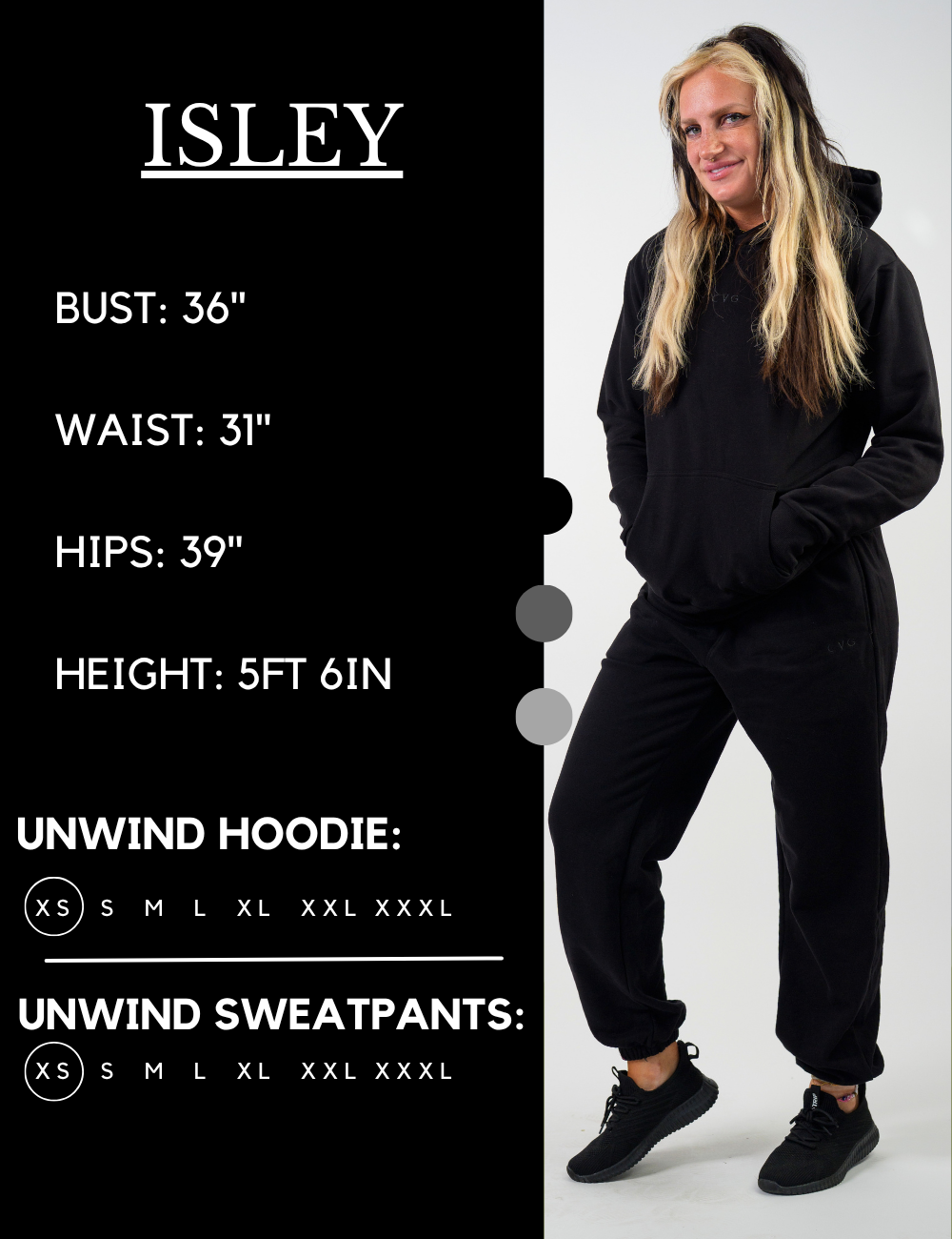 Model’s measurements of 36” bust, 31” waist, 39” hips and height of 5 ft 6 inches. She is wearing a size extra small in our unwind sweatpants and hoodie