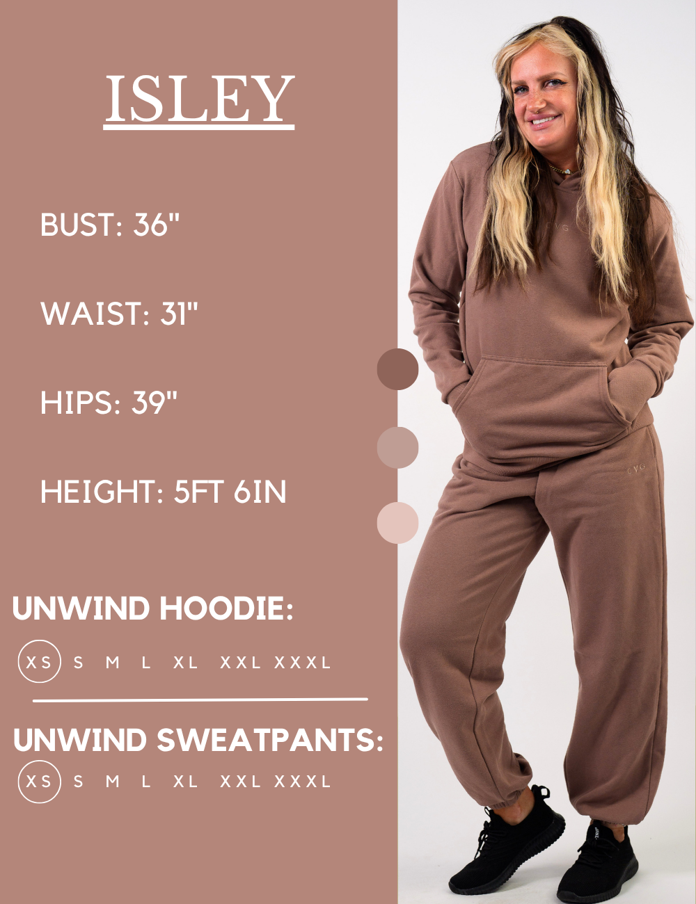 Model’s measurements of 36” bust, 31” waist, 39” hips and height of 5 ft 6 inches. She is wearing a size extra small in our unwind sweatpants and hoodie