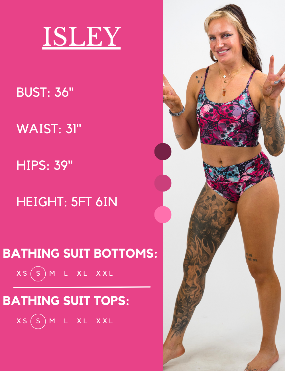 Model’s measurements of 36” bust, 31” waist, 39” hips and height of 5 ft 6 inches. She is wearing a size small in our bathing suits