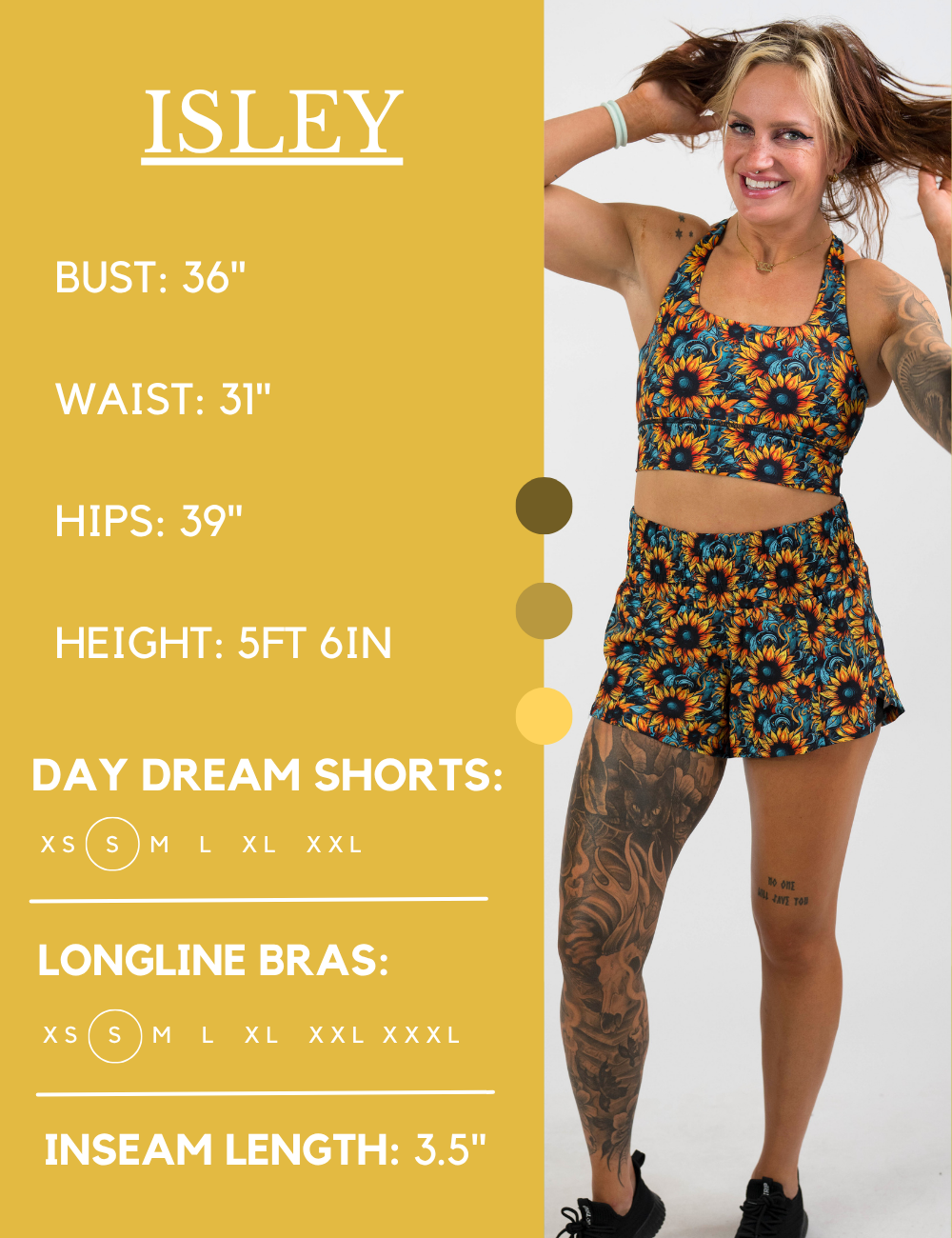 Model’s measurements of 36” bust, 31” waist, 39” hips and height of 5 ft 6 inches. She is wearing a size small in our day dream shorts