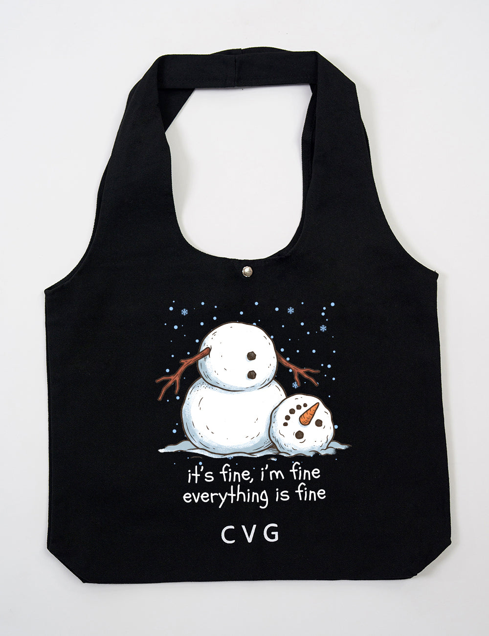 Black tote bag with the CVG logo featuring the "It's fine, I'm fine everything is fine" snowman graphic