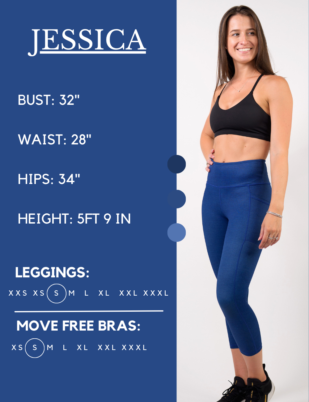 Model’s measurements of 32” bust, 28” waist, 34” hips and height of 5 ft 9 inches. She is wearing a size small in our leggings