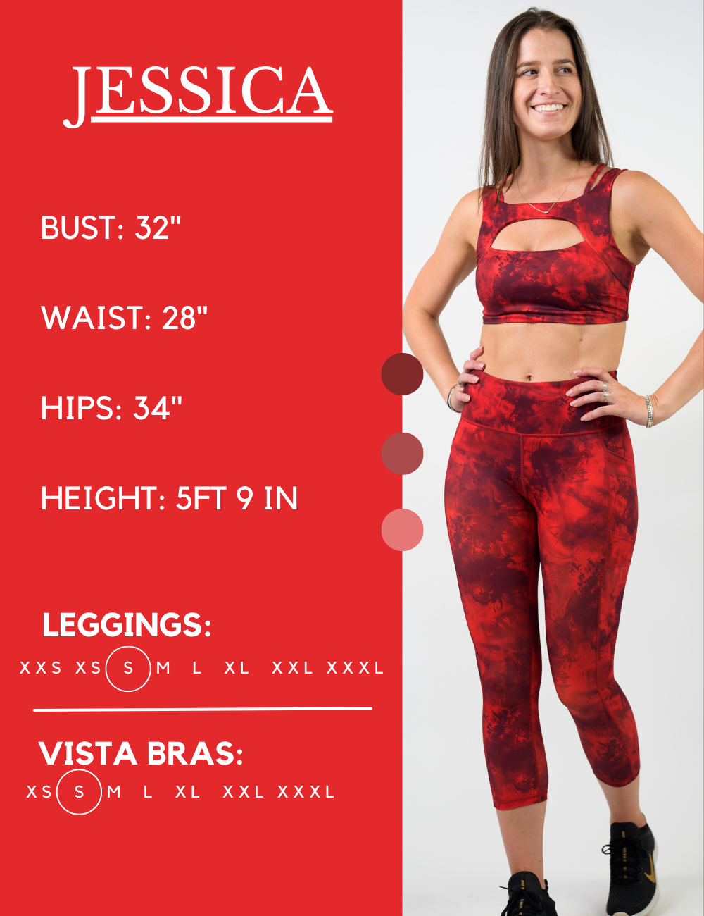 Model’s measurements of 32” bust, 28” waist, 34” hips and height of 5 ft 9 inches. She is wearing a size small in our leggings