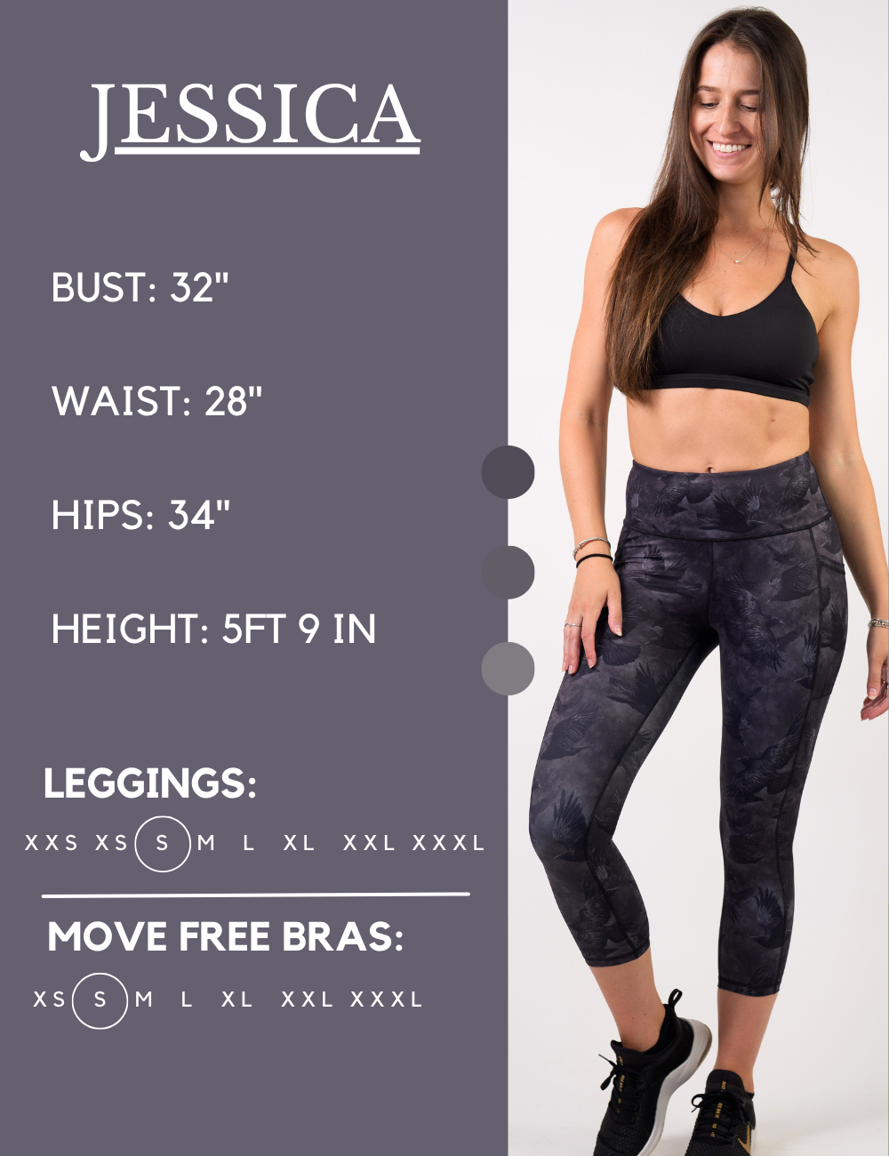 Model’s measurements of 32” bust, 28” waist, 34” hips and height of 5 ft 9 inches. She is wearing a size small in our leggings