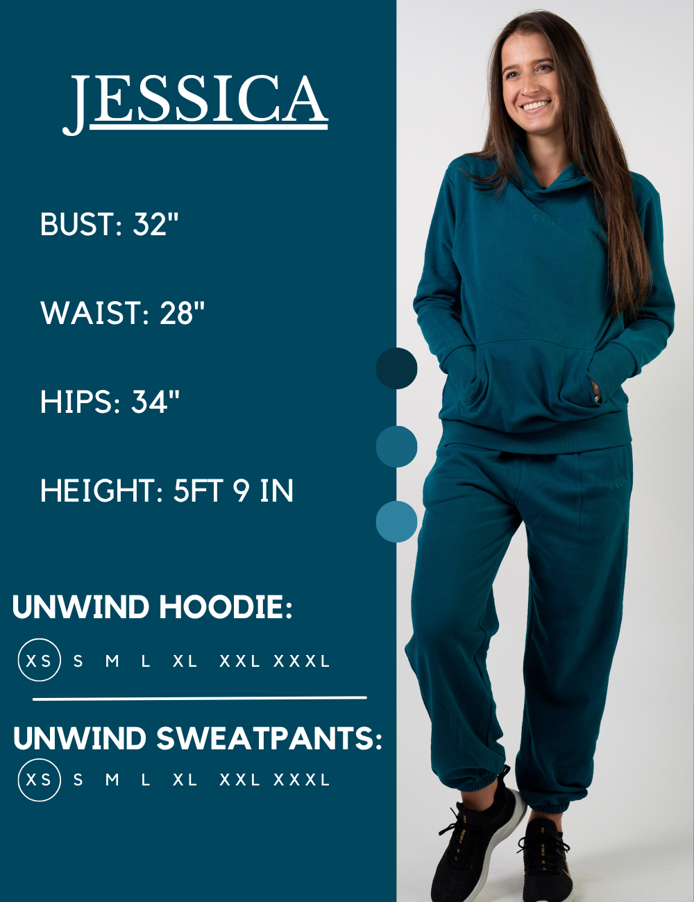 Model’s measurements of 32” bust, 28” waist, 34” hips and height of 5 ft 9 inches. She is wearing a size extra small in our unwind sweatpants and hoodie