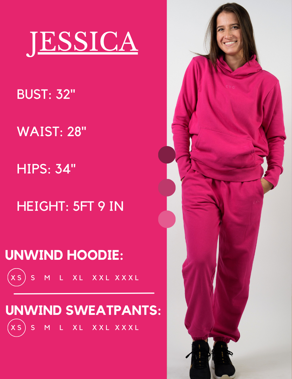 Model’s measurements of 32” bust, 28” waist, 34” hips and height of 5 ft 9 inches. She is wearing a size extra small in our unwind sweatpants and hoodie