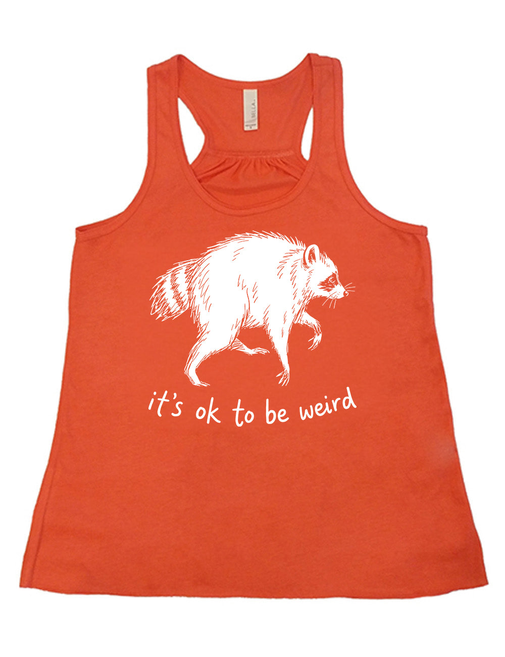 front of the coral "it's ok to be weird" raccoon racerback tank