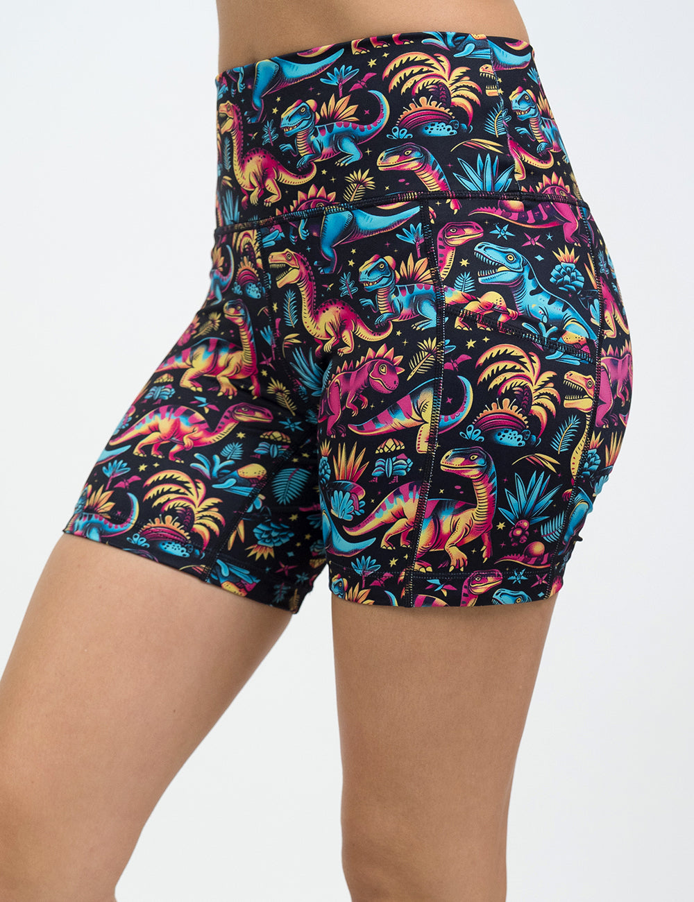 front of the dinosaur print 5 inch shorts against a white background