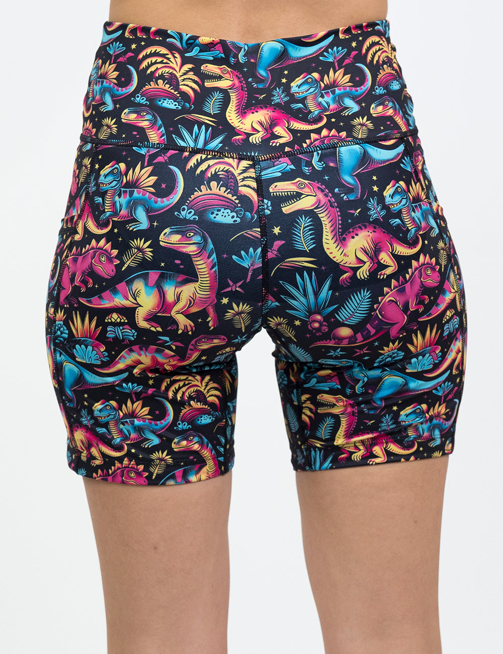 back of the 7 inch dinosaur print shorts against a white background