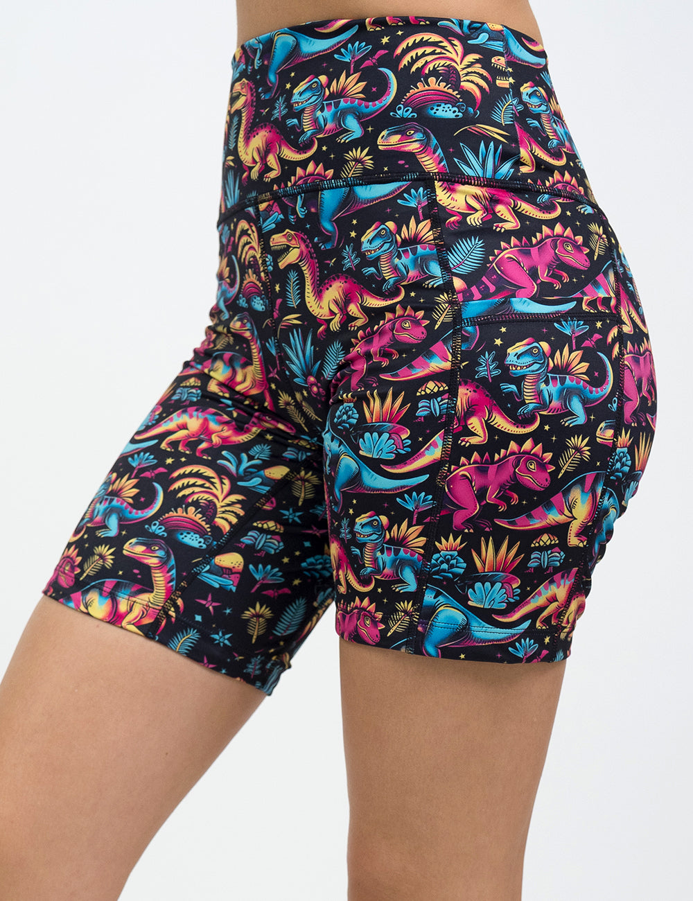 front of the dinosaur print 7 inch shorts against a white background