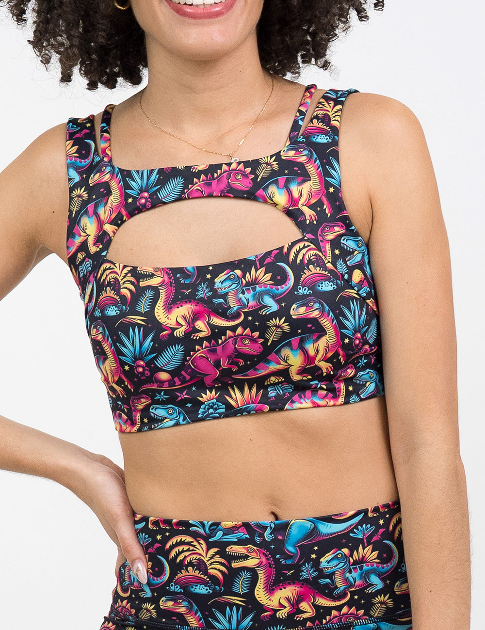front of the colorful dinosaur print vista bra against a white background