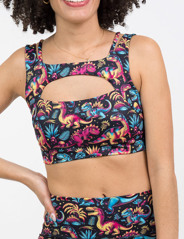 front of the colorful dinosaur print vista bra against a white background
