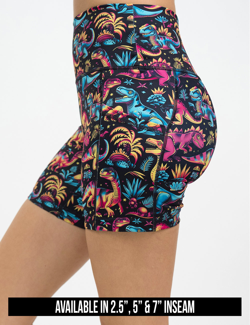 available inseam lengths for the dinosaur print shorts, inseam lengths include 2.5, 5, and 7 inches