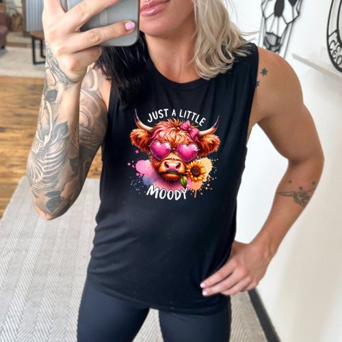 model wearing the black Just A Little Moody Muscle Tank