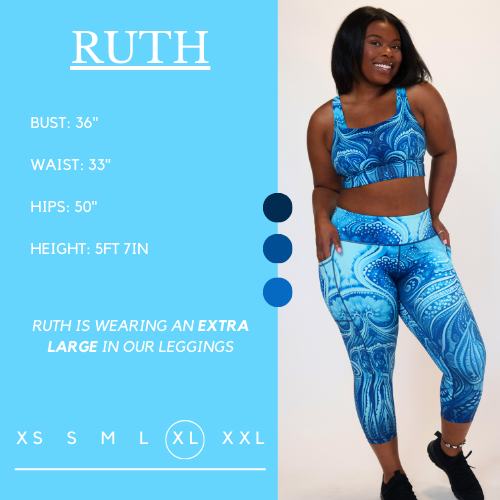 Model's measurements of 36 inch bust, 33 inch waist, 50 inch hips, and height of 5 foot 7 inches. She is wearing a size extra large in these leggings