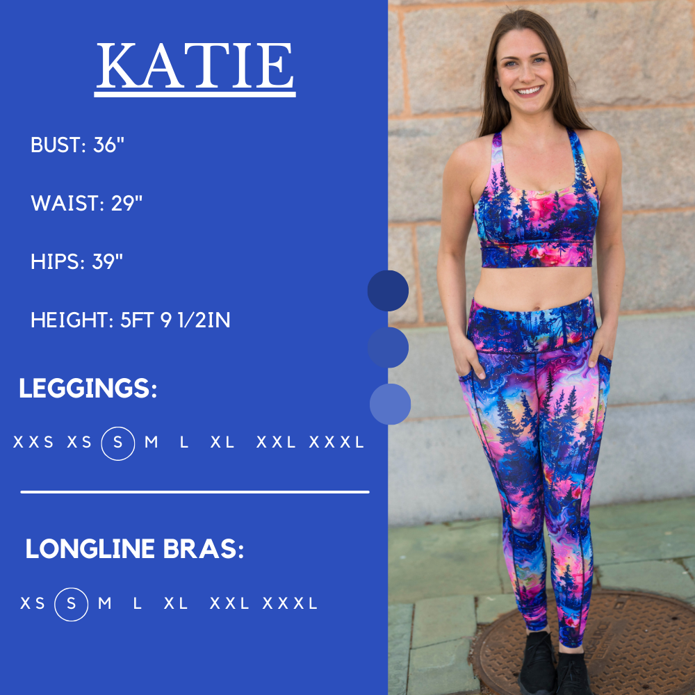 Model’s measurements of 36” bust, 29” waist, 39” hips and height of 5 ft 9 1/2 inches. She is wearing a size small in our leggings