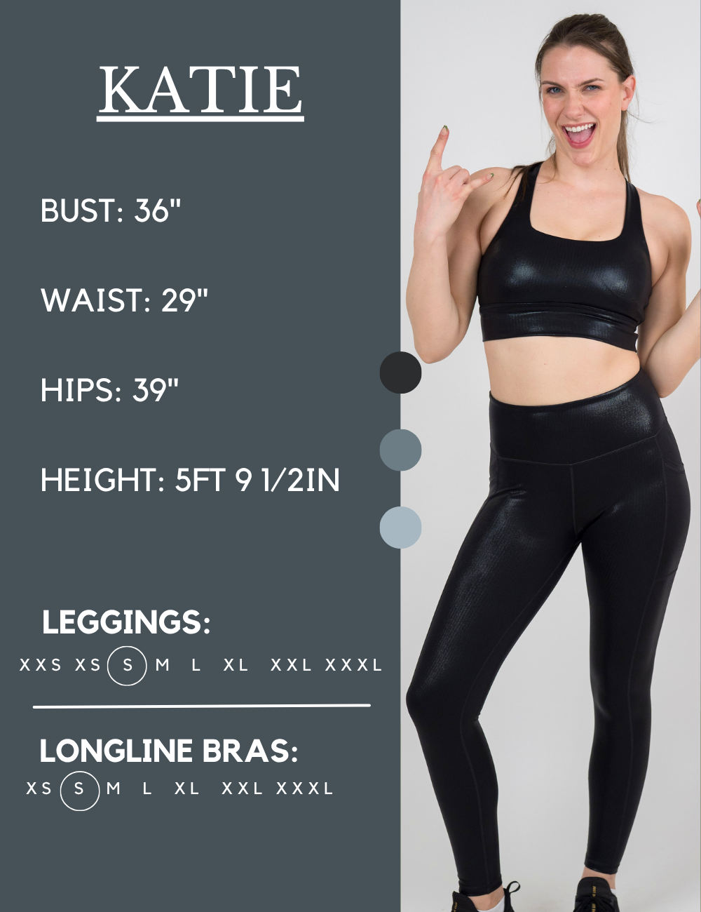 Model’s measurements of 36” bust, 29” waist, 39” hips and height of 5 ft 9 1/2 inches. She is wearing a size small in our leggings
